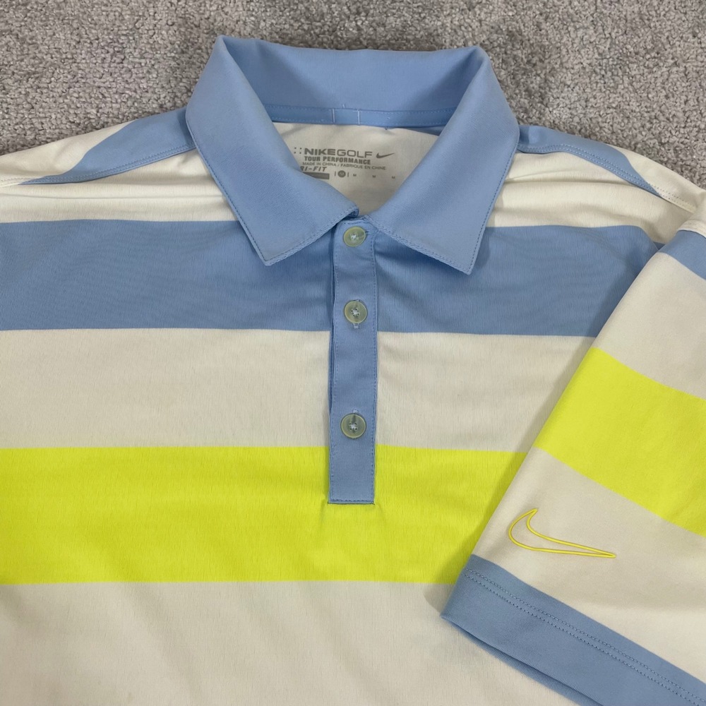 Nike Golf Polo Shirt Mens Medium Tour Performance Dri FIT Striped Blue Yellow